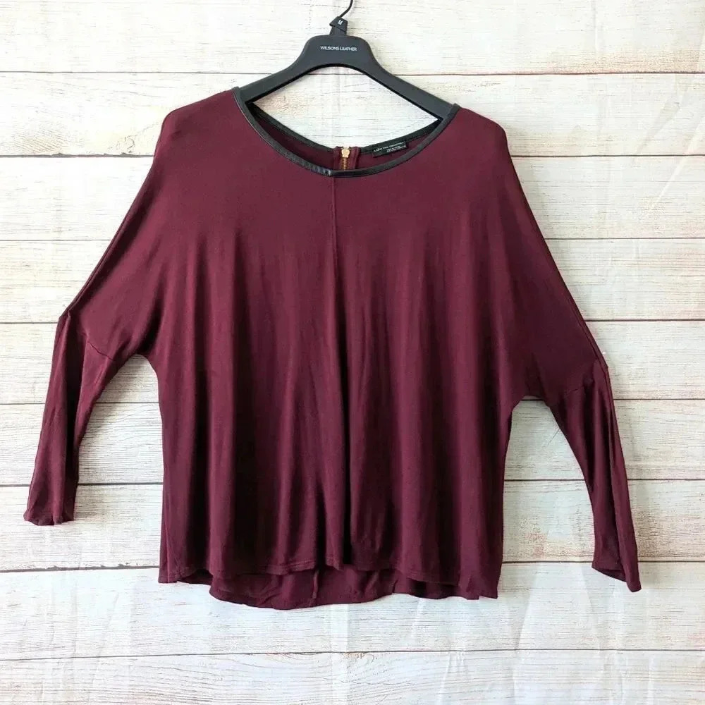 Zara W&B Collection Size L Dolman Sleeve Blouse Back Zip Faux Leather Trim